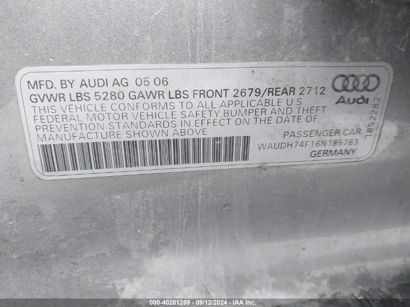 WAUDH74F16N185783 2006 Audi A6 3.2