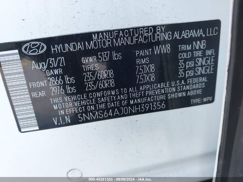 2022 Hyundai Santa Fe Xrt VIN: 5NMS64AJ0NH391356 Lot: 40281303