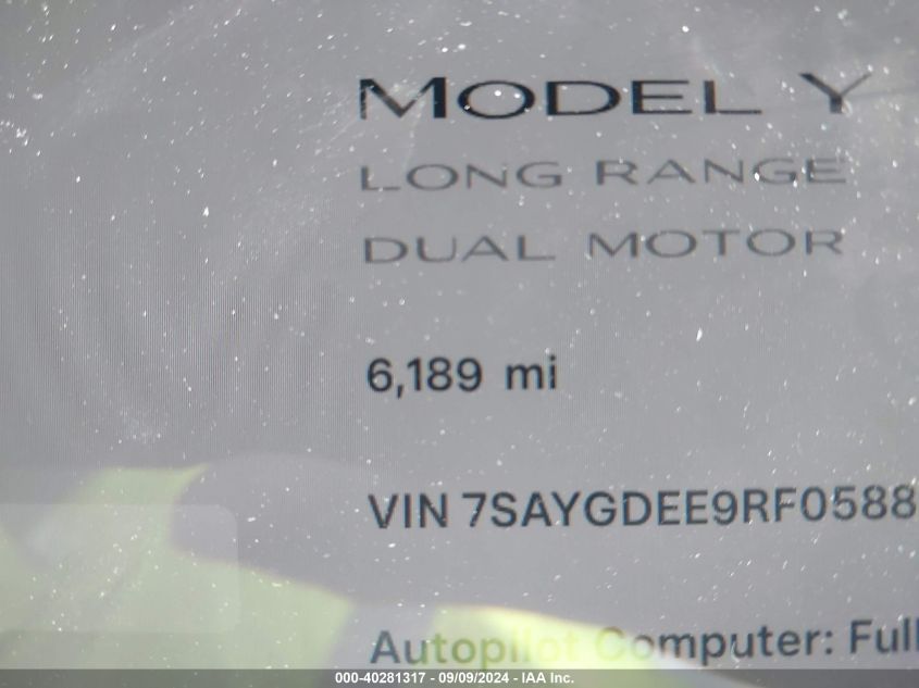 2024 Tesla Model Y Long Range Dual Motor All-Wheel Drive VIN: 7SAYGDEE9RF058832 Lot: 40281317