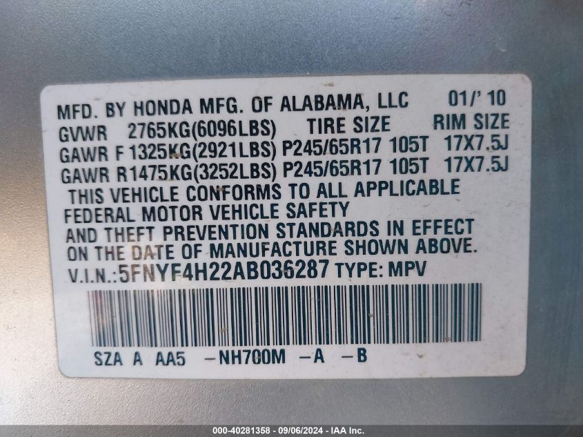 2010 Honda Pilot Lx VIN: 5FNYF4H22AB036287 Lot: 40281358