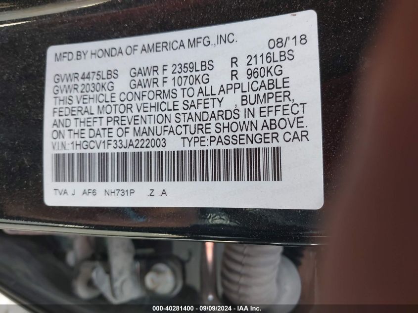 1HGCV1F33JA222003 2018 Honda Accord Sport