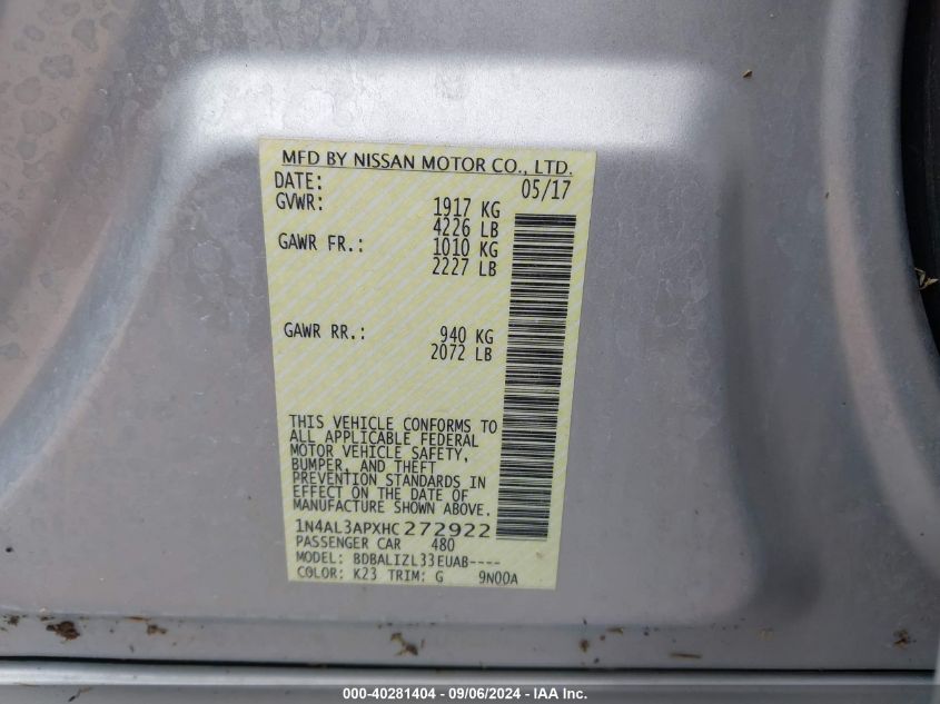 2017 NISSAN ALTIMA 2.5/S/SV/SL/SR - 1N4AL3APXHC272922