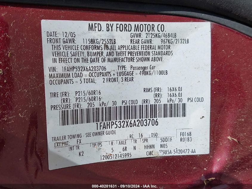 1FAHP532X6A203706 2006 Ford Taurus Se