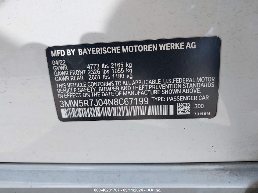 2022 BMW 330I xDrive VIN: 3MW5R7J04N8C67199 Lot: 40281767