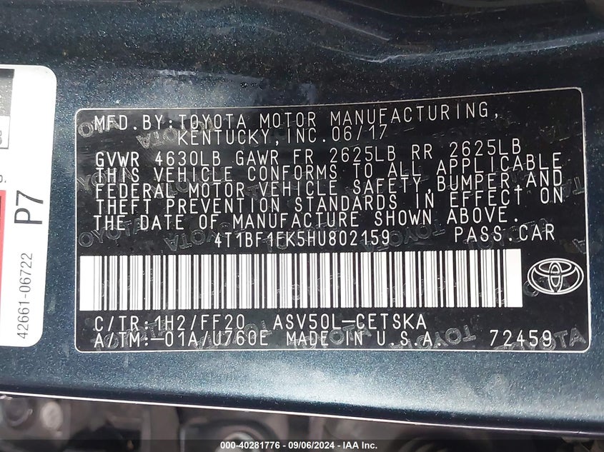 2017 TOYOTA CAMRY SE - 4T1BF1FK5HU802159