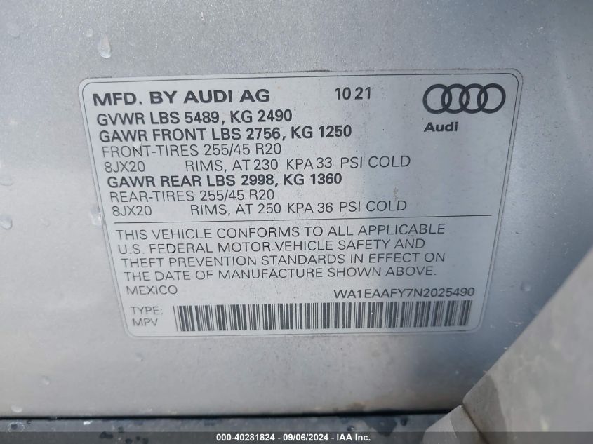 2022 Audi Q5 Premium Plus 45 Tfsi S Line Quattro S Tronic VIN: WA1EAAFY7N2025490 Lot: 40281824