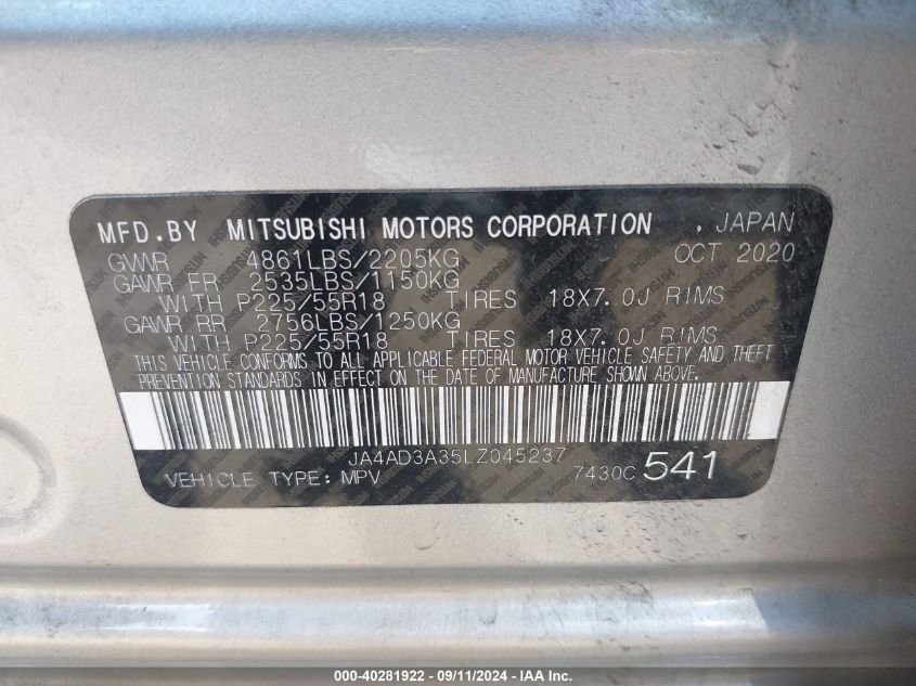 2020 Mitsubishi Outlander Se 2.4 VIN: JA4AD3A35LZ045237 Lot: 40281922