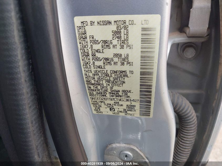 2002 Nissan Xterra Se VIN: 5N1ED28T92C563842 Lot: 40281939