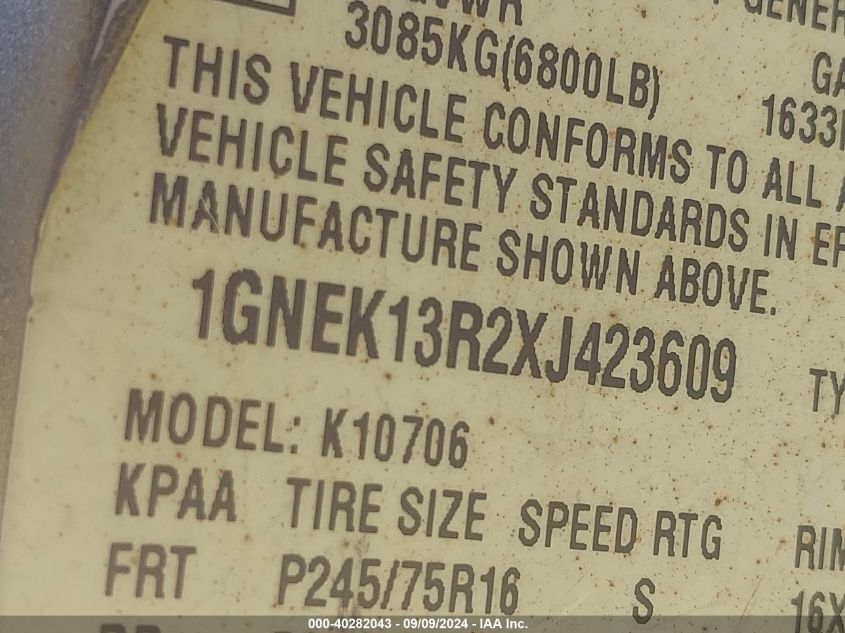 1999 Chevrolet Tahoe Ls VIN: 1GNEK13R2XJ423609 Lot: 40282043