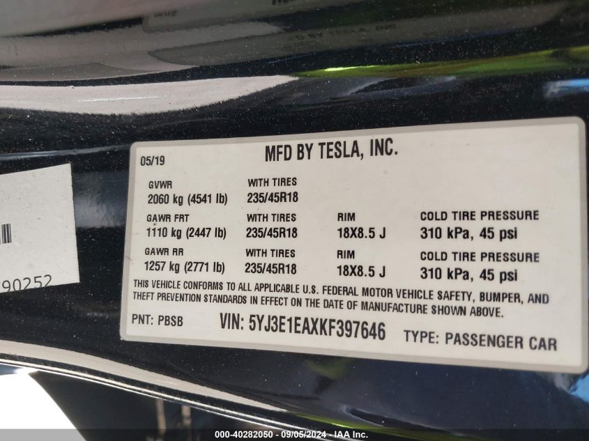 2019 Tesla Model 3 Long Range/Mid Range/Standard Range/Standard Range Plus VIN: 5YJ3E1EAXKF397646 Lot: 40282050