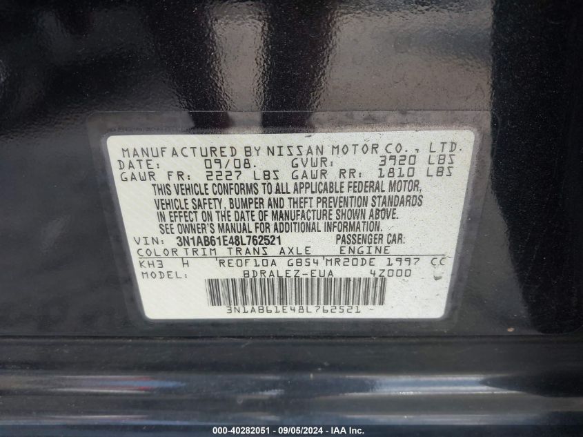 2008 Nissan Sentra 2.0S VIN: 3N1AB61E48L762521 Lot: 40282051