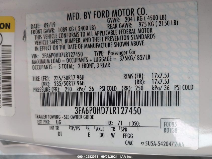 2020 Ford Fusion Se VIN: 3FA6P0HD7LR127450 Lot: 40282071