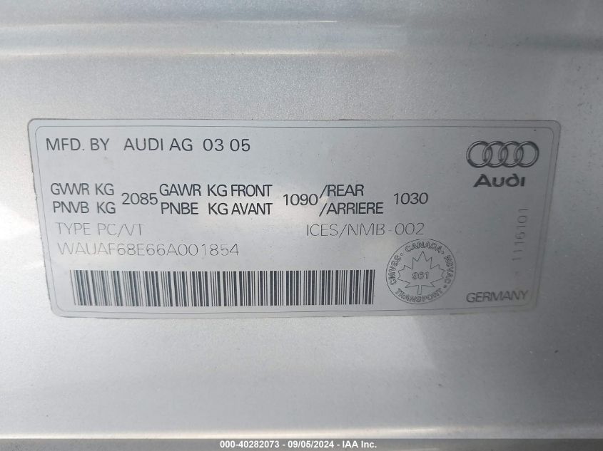 2006 Audi A4 2.0T VIN: WAUAF68E66A001854 Lot: 40282073