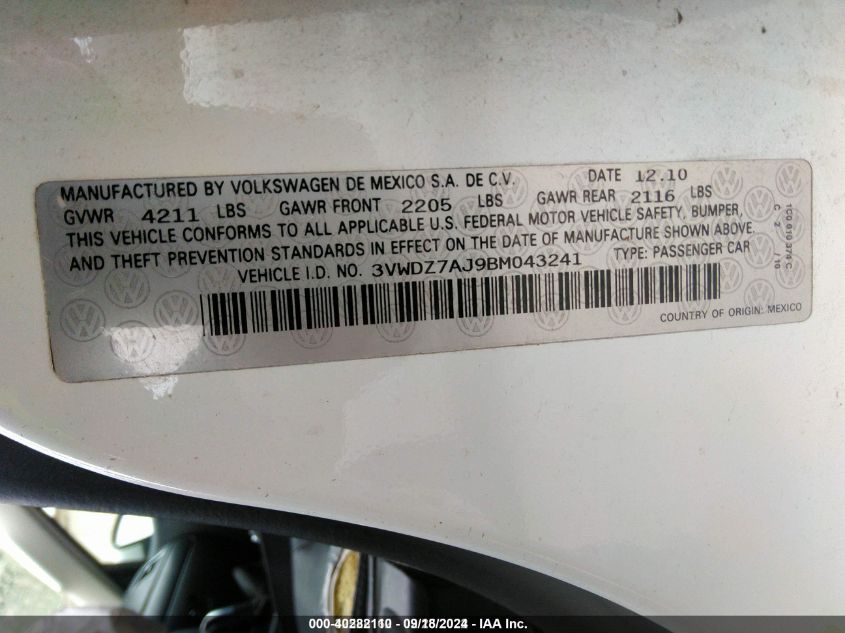 3VWDZ7AJ9BM043241 2011 Volkswagen Jetta 2.5L Se