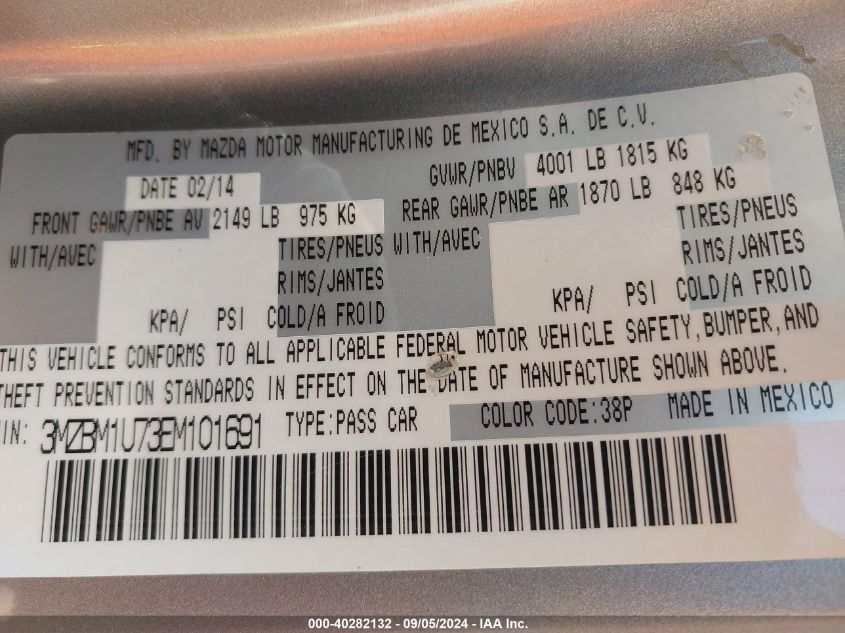2014 Mazda Mazda3 I Sport VIN: 3MZBM1U73EM101691 Lot: 40282132
