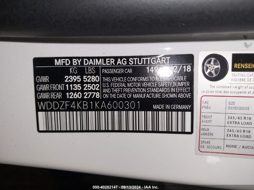 WDDZF4KB1KA600301 2019 Mercedes-Benz E 300 4Matic