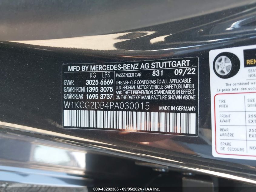 2023 Mercedes-Benz Eqs 450+ VIN: W1KCG2DB4PA030015 Lot: 40282365