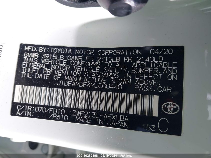 2021 Toyota Corolla Hybrid Le VIN: JTDEAMDE4MJ000440 Lot: 40282398