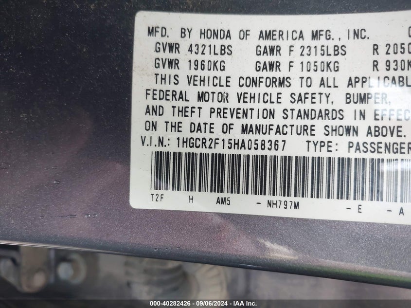 VIN 1HGCR2F15HA058367 2017 HONDA ACCORD SPORT SE