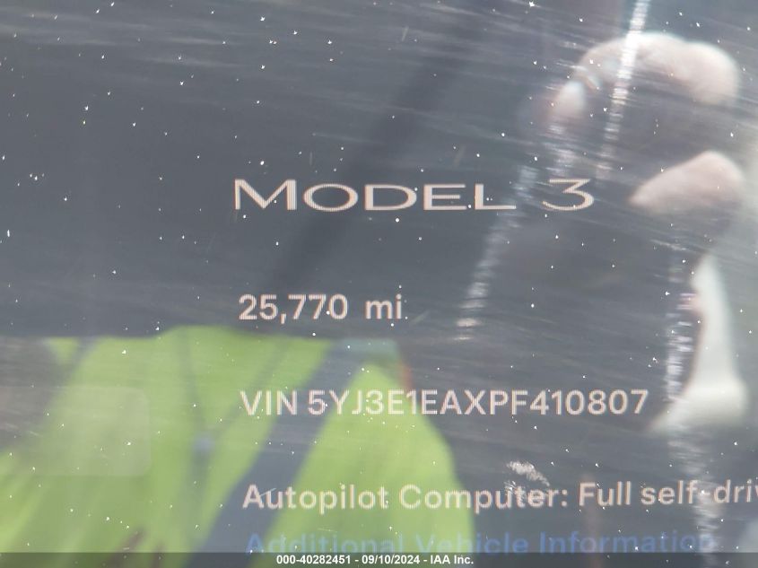 2023 Tesla Model 3 VIN: 5YJ3E1EAXPF410807 Lot: 40282451