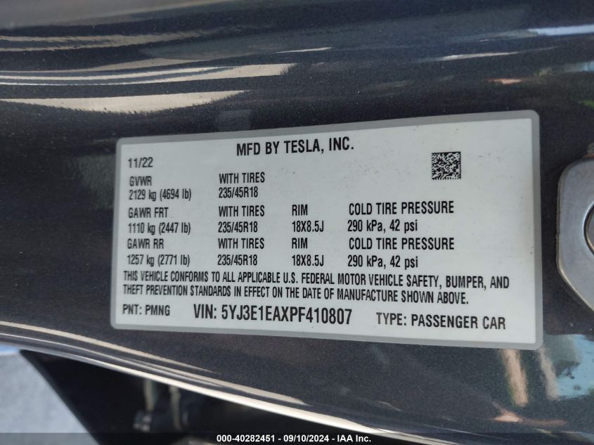 2023 Tesla Model 3 VIN: 5YJ3E1EAXPF410807 Lot: 40282451