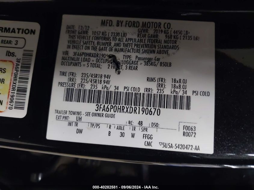 2013 Ford Fusion Se VIN: 3FA6P0HRXDR190670 Lot: 40282581