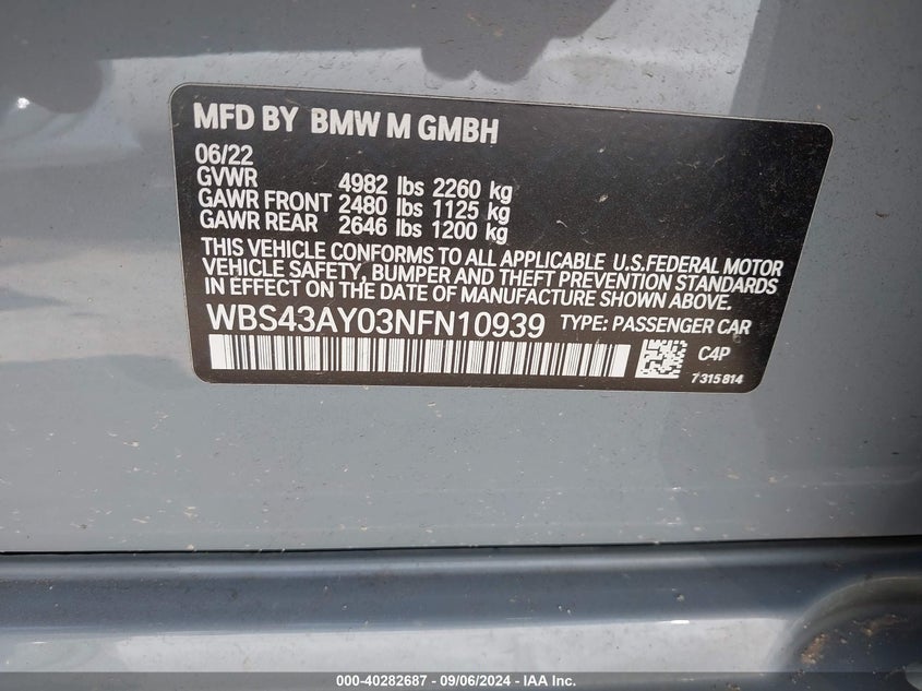2022 BMW M3(VIN: WBS43AY03NFN10939