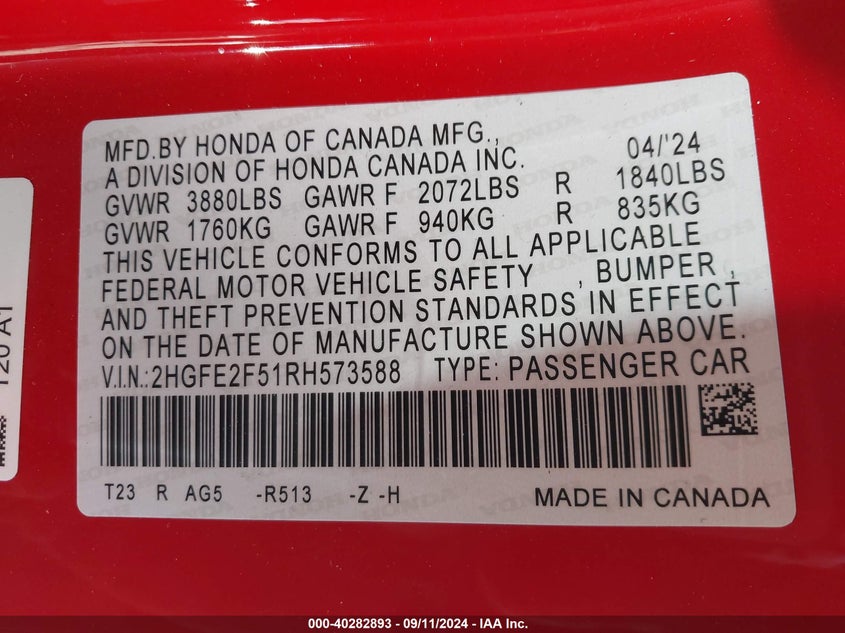 2024 HONDA CIVIC SPORT - 2HGFE2F51RH573588