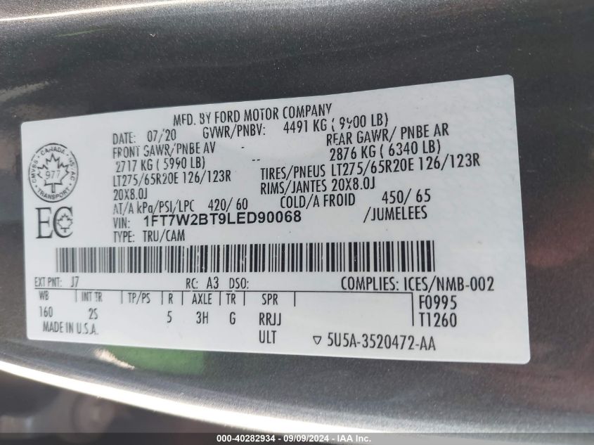 2020 Ford F-250 Xlt VIN: 1FT7W2BT9LED90068 Lot: 40282934