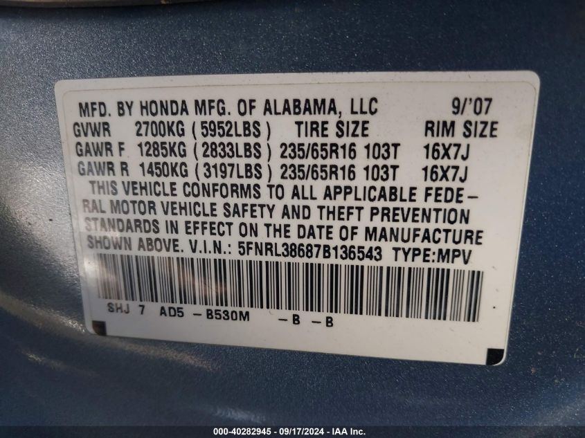 2007 Honda Odyssey Ex-L VIN: 5FNRL38687B136543 Lot: 40282945