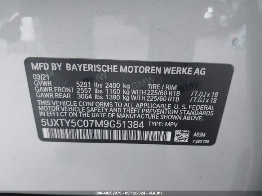 2021 BMW X3 xDrive30I VIN: 5UXTY5C07M9G51384 Lot: 40282979