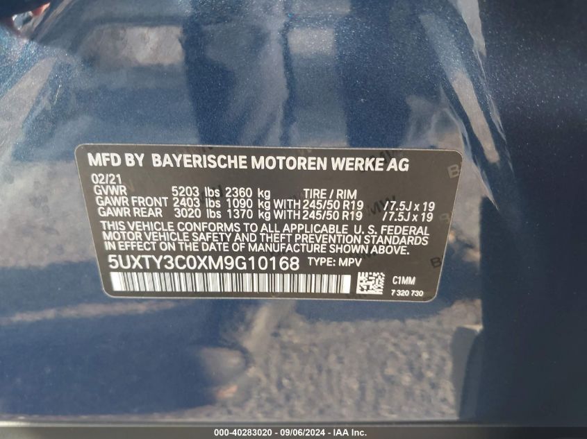 2021 BMW X3 Sdrive30I VIN: 5UXTY3C0XM9G10168 Lot: 40283020