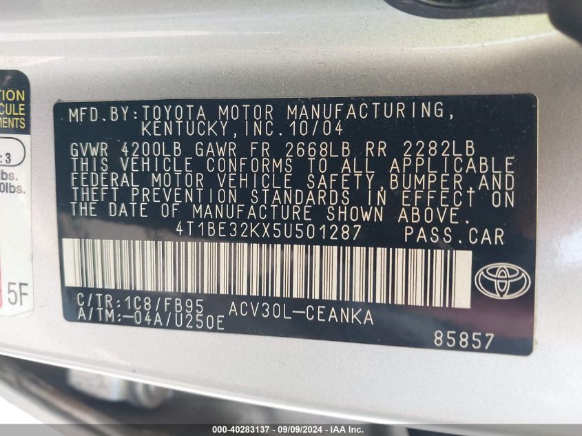 4T1BE32KX5U501287 2005 Toyota Camry Le