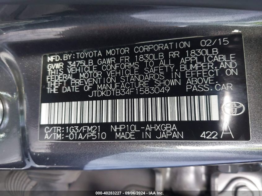 JTDKDTB34F1583049 2015 Toyota Prius C Three