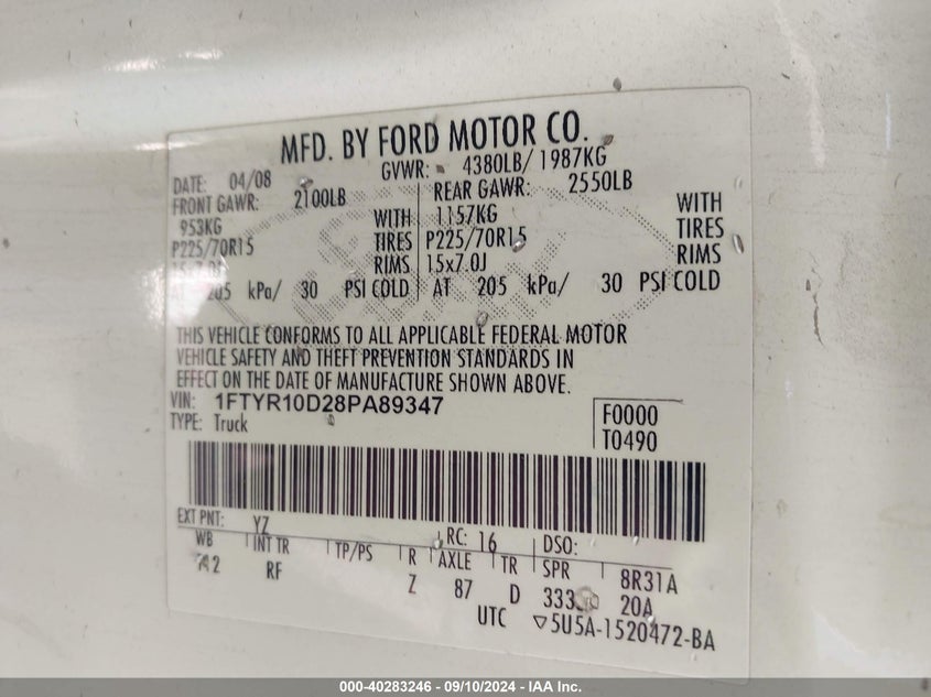 2008 FORD RANGER VIN: 1FTYR10D28PA89347