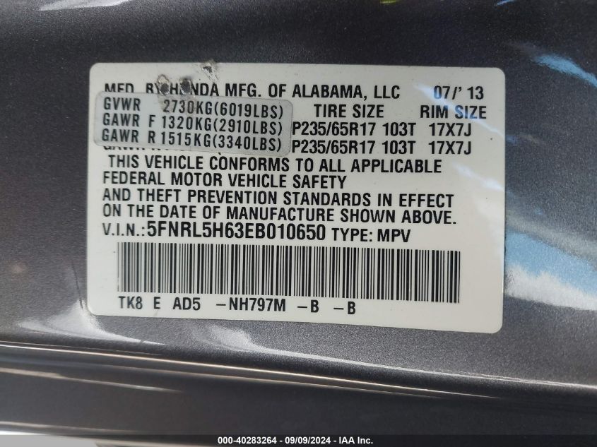 2014 Honda Odyssey Ex-L VIN: 5FNRL5H63EB010650 Lot: 40283264