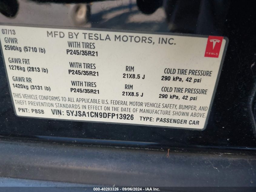 2013 Tesla Model S VIN: 5YJSA1CN9DFP13926 Lot: 40283326