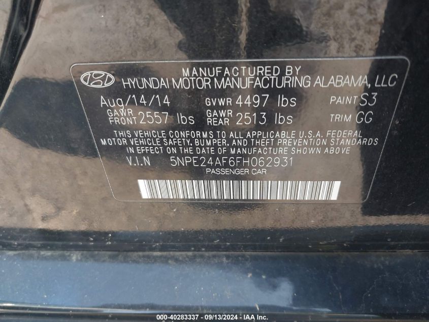 2015 Hyundai Sonata Se VIN: 5NPE24AF6FH062931 Lot: 40283337