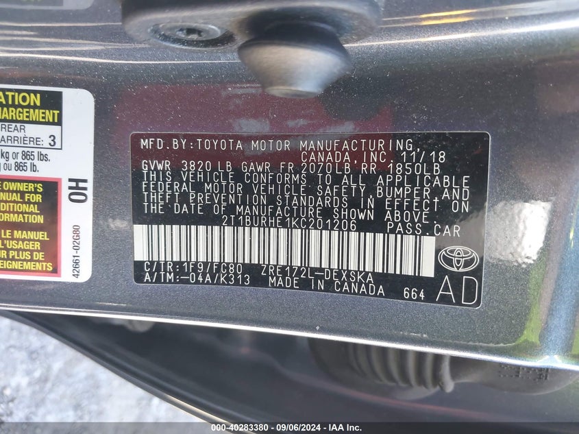 2019 TOYOTA COROLLA L/LE/XLE/SE/XSE - 2T1BURHE1KC201206