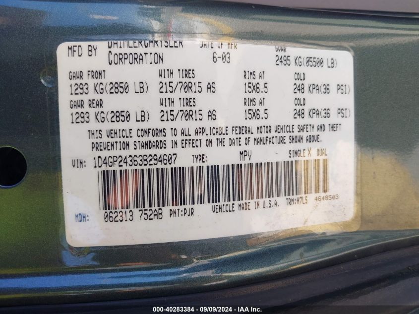 2003 Dodge Grand Caravan Se VIN: 1D4GP24363B294607 Lot: 40283384