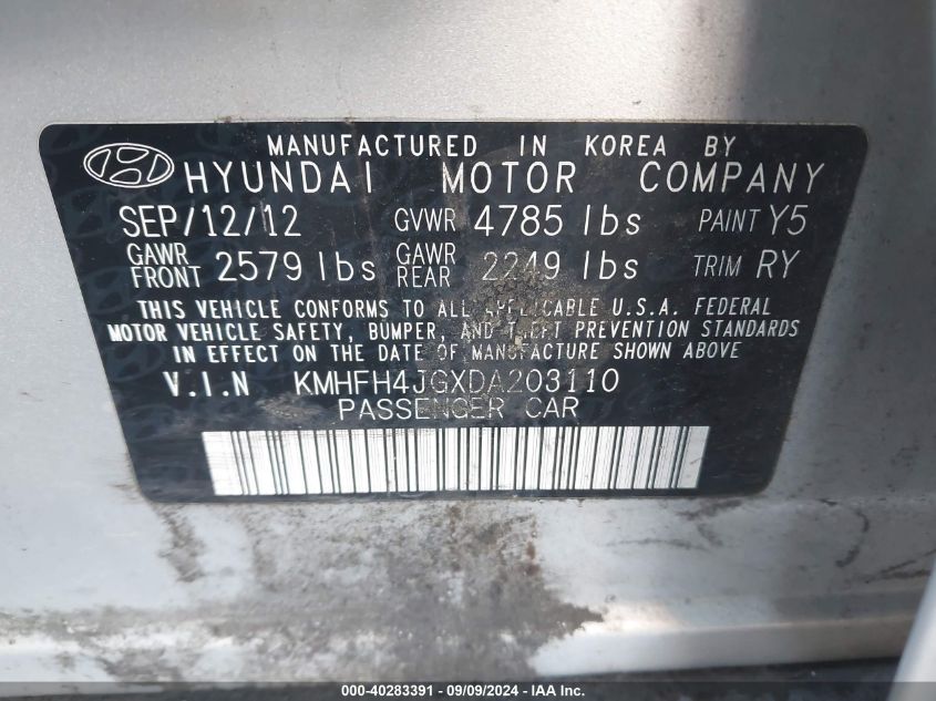 2013 Hyundai Azera VIN: KMHFH4JGXDA203110 Lot: 40283391