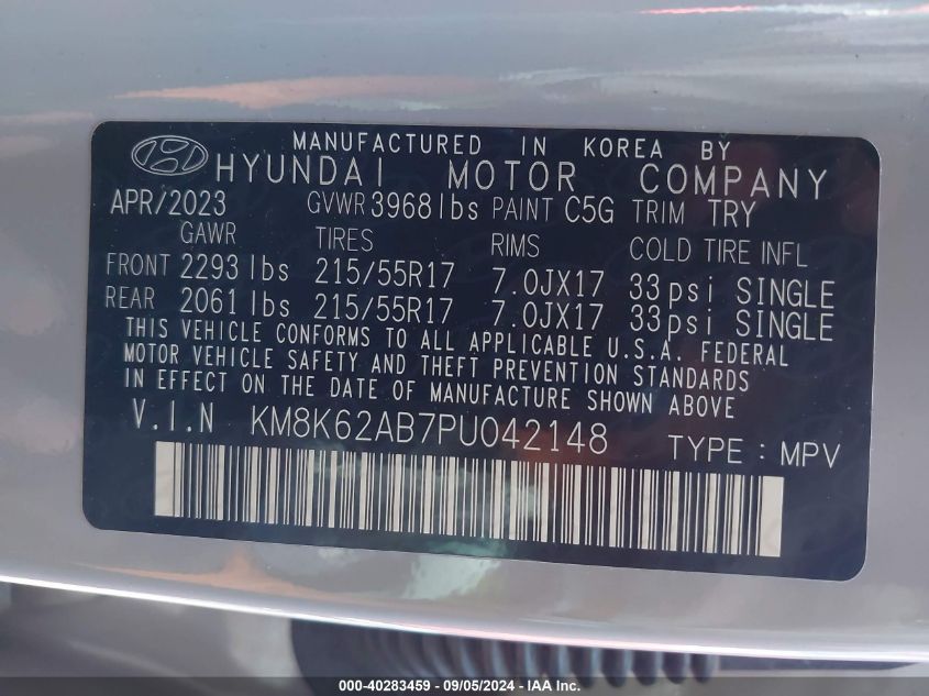 2023 Hyundai Kona Sel VIN: KM8K62AB7PU042148 Lot: 40283459