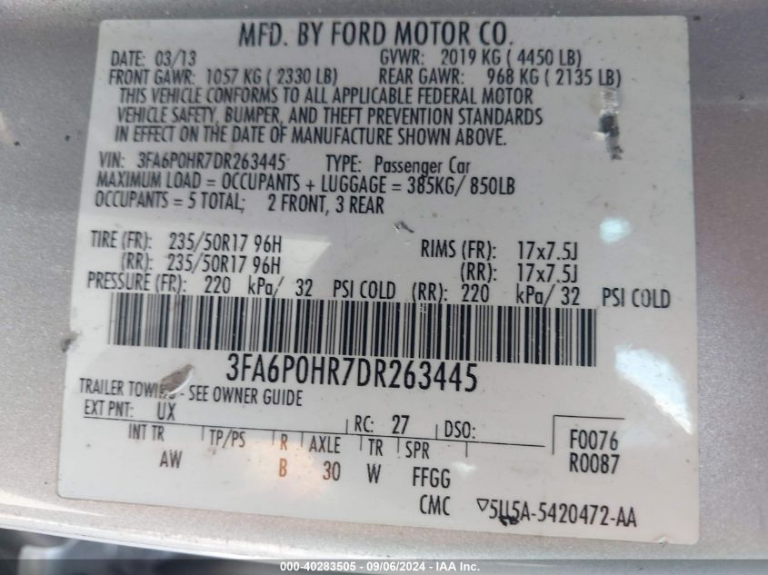 2013 Ford Fusion Se VIN: 3FA6P0HR7DR263445 Lot: 40283505