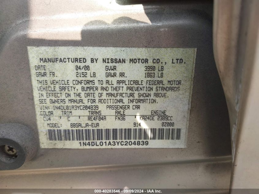 1N4DL01A3YC204839 2000 Nissan Altima Gle/Gxe/Se