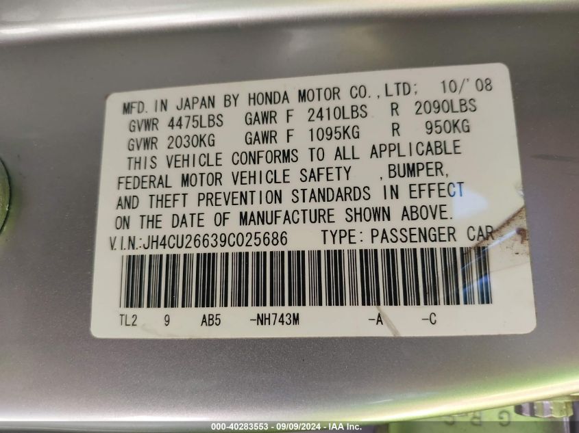 2009 Acura Tsx VIN: JH4CU26639C025686 Lot: 40283553