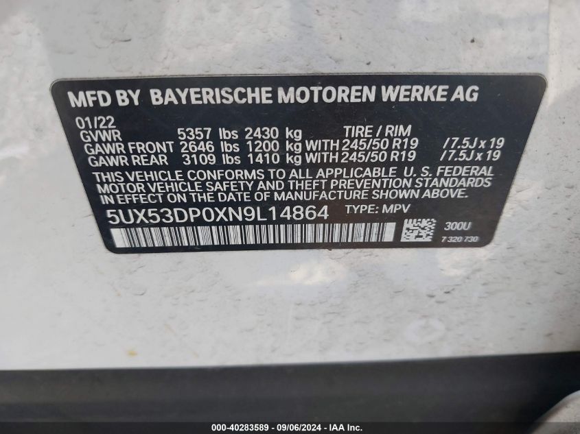 5UX53DP0XN9L14864 2022 BMW X3 xDrive30I