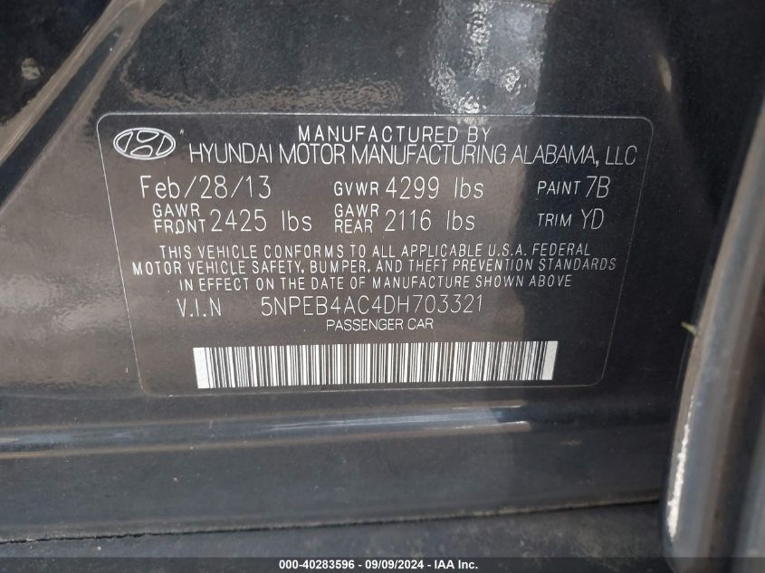 2013 Hyundai Sonata Gls VIN: 5NPEB4AC4DH703321 Lot: 40283596