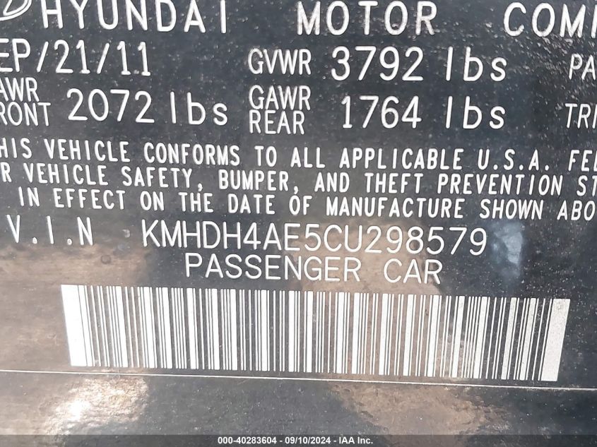 KMHDH4AE5CU298579 2012 Hyundai Elantra Gls (Ulsan Plant)