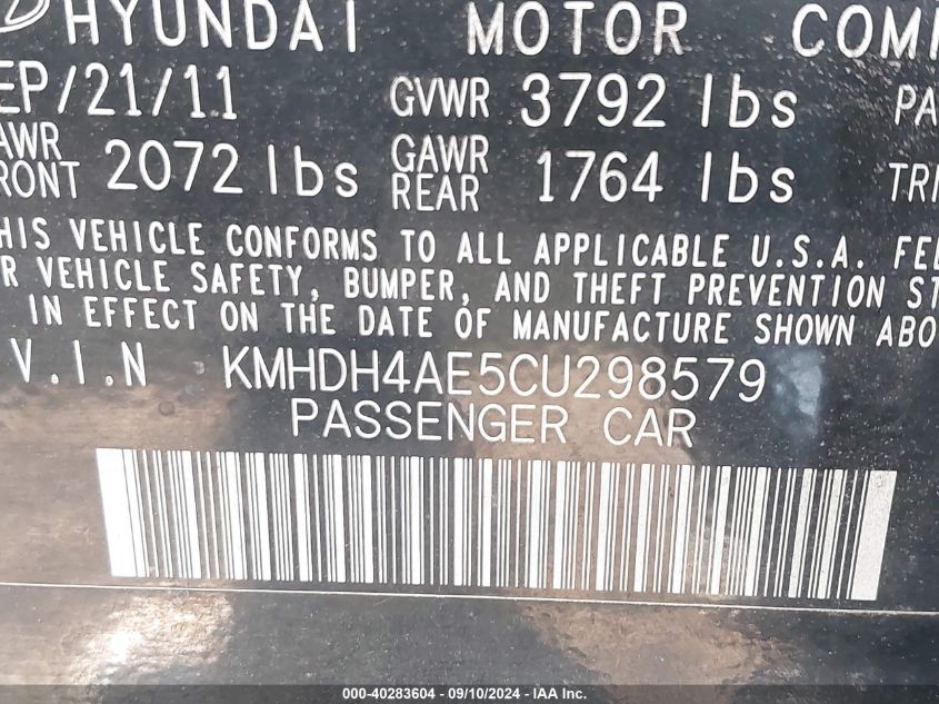 2012 Hyundai Elantra Gls (Ulsan Plant) VIN: KMHDH4AE5CU298579 Lot: 40283604