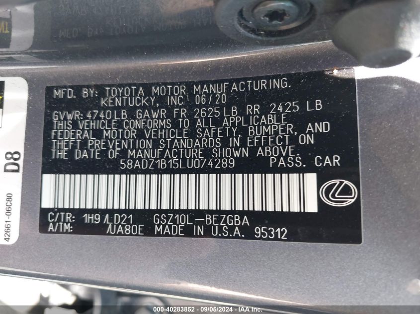 58ADZ1B15LU074289 2020 Lexus Es 350